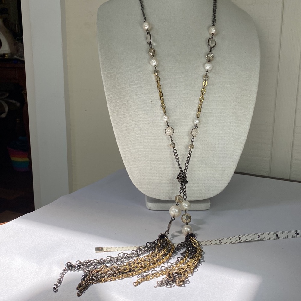 Long double chain tassel statement necklace
